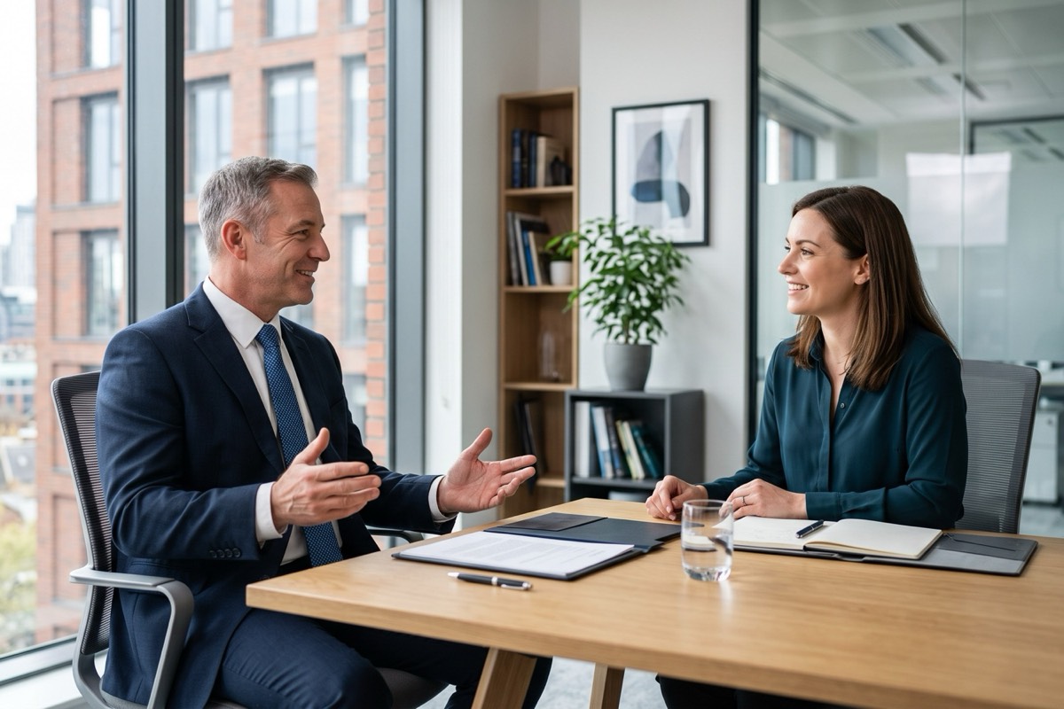 A licensed private investigator in a suit meeting with a client in a bright, modern office