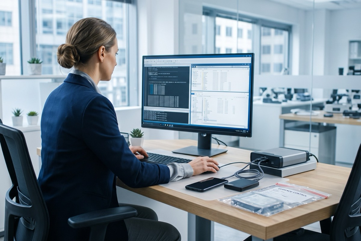 A digital forensic examiner analyzing recovered data from a connected phone and hard drive at a lab workstation