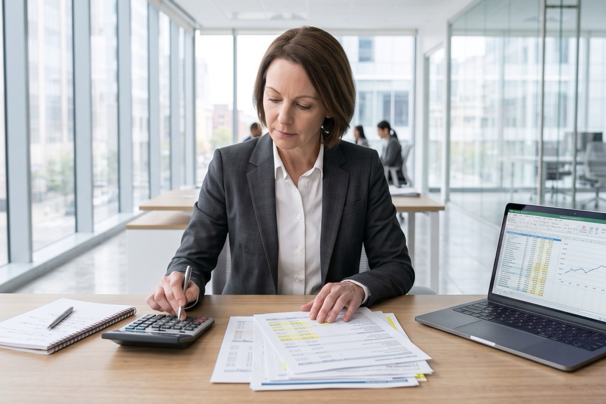 An investigator analyzing financial records and documents during a corporate fraud investigation