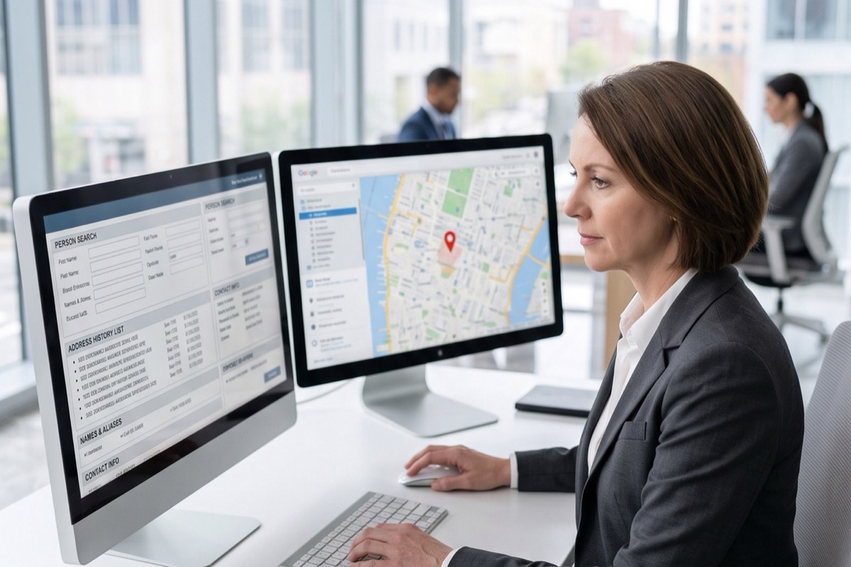 An investigator using people-search databases and a map to locate a person
