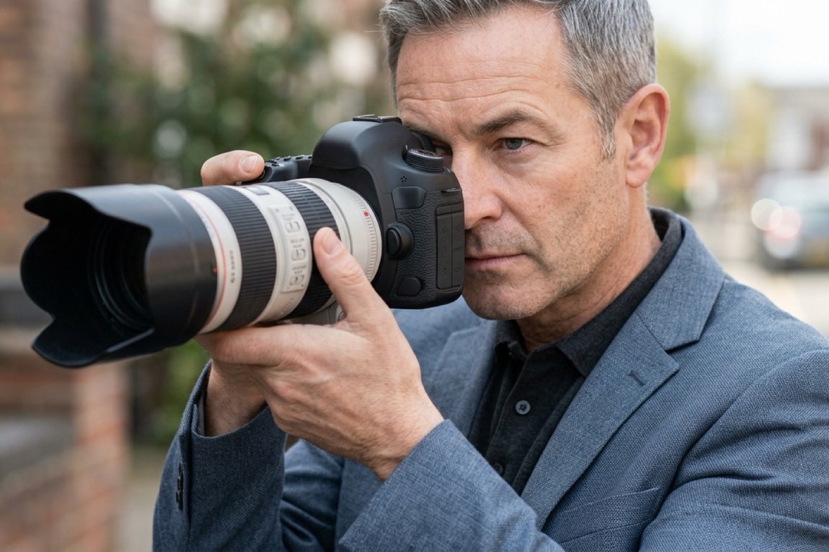 A plainclothes private investigator in a vehicle using a professional telephoto camera to document activity during daytime surveillance